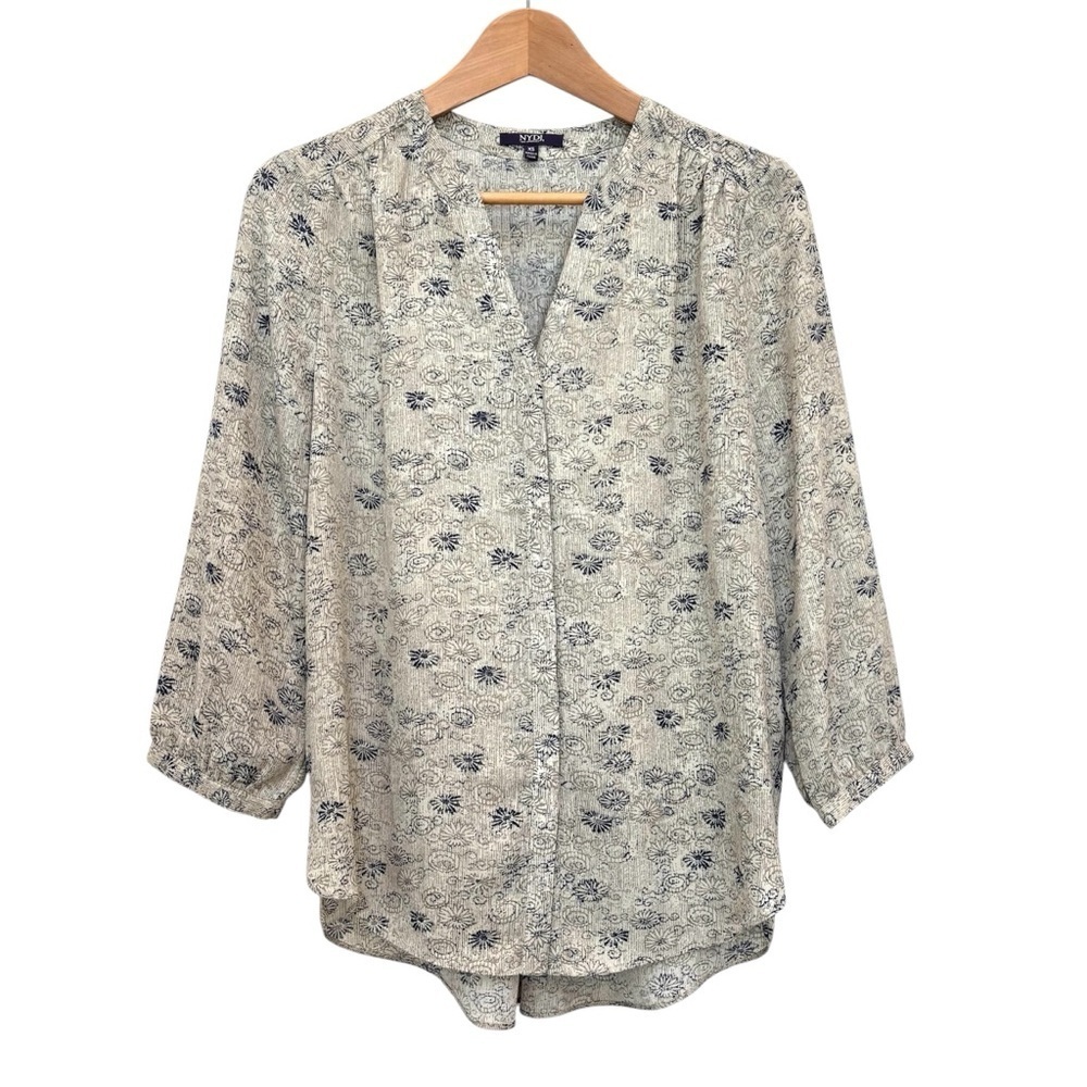 NYDJ Pintuck Floral Print Blouse 3/4 Sleeve Relaxed Fit Neutral Beige Blue XS